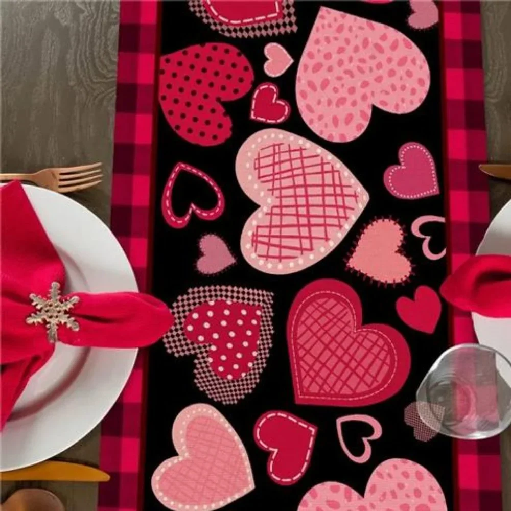 Valentines Day Table Runner Heart Cloth Buffalo Plaid Farmhouse Cottage Decor